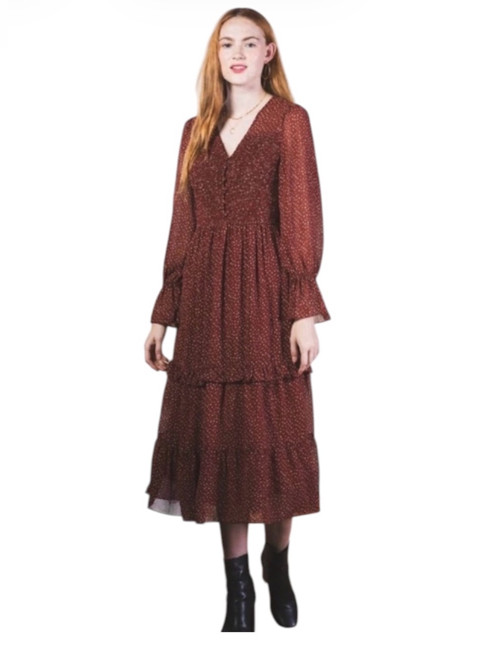Never worn loveriche Burgundy Printed Long Sleeve Tiered Midi Dress size small